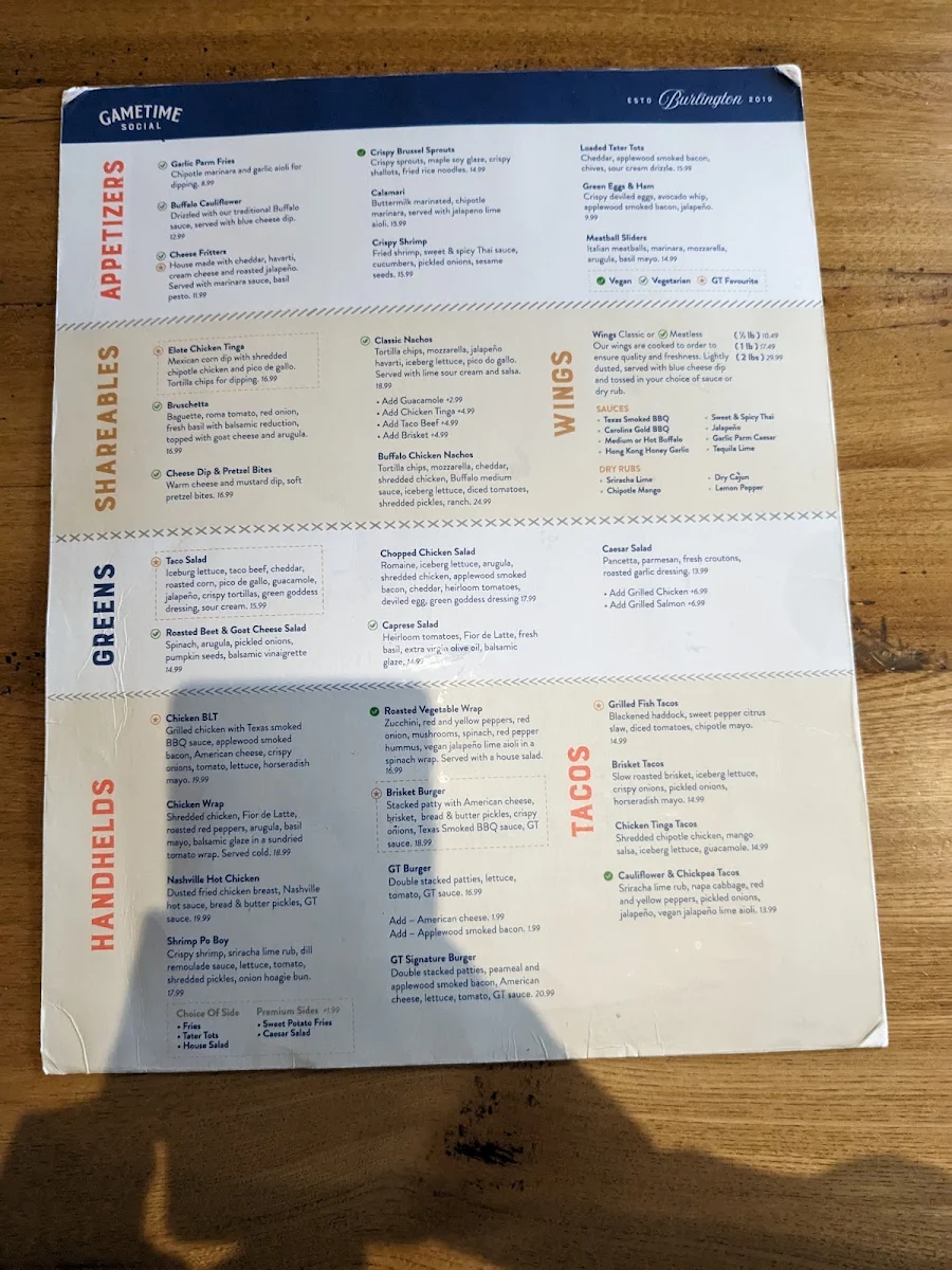 Menu, GameTime Social Burlington