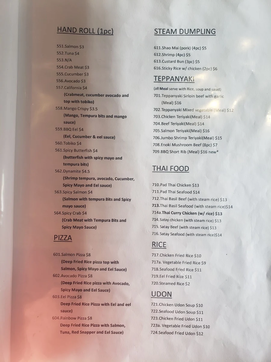 Menu, Joy Sushi Bar