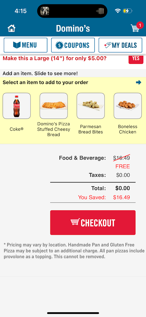 Menu, Domino's Pizza
