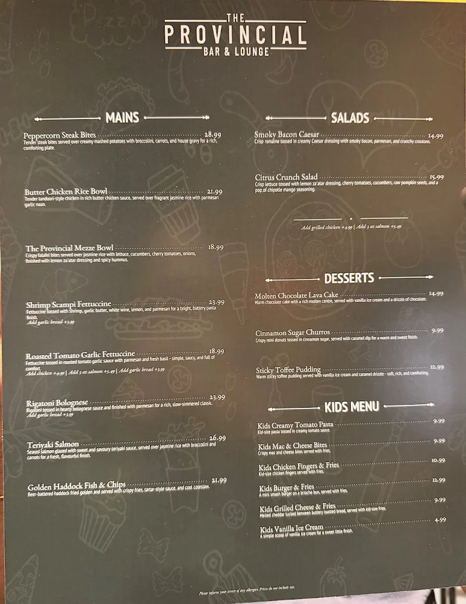 Menu, The Provincial Bar & Lounge