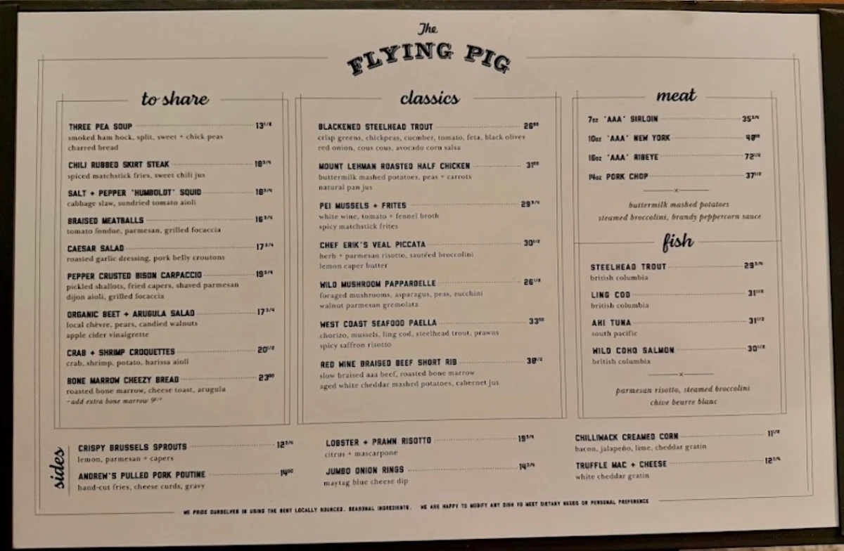Menu, The Flying Pig Yaletown
