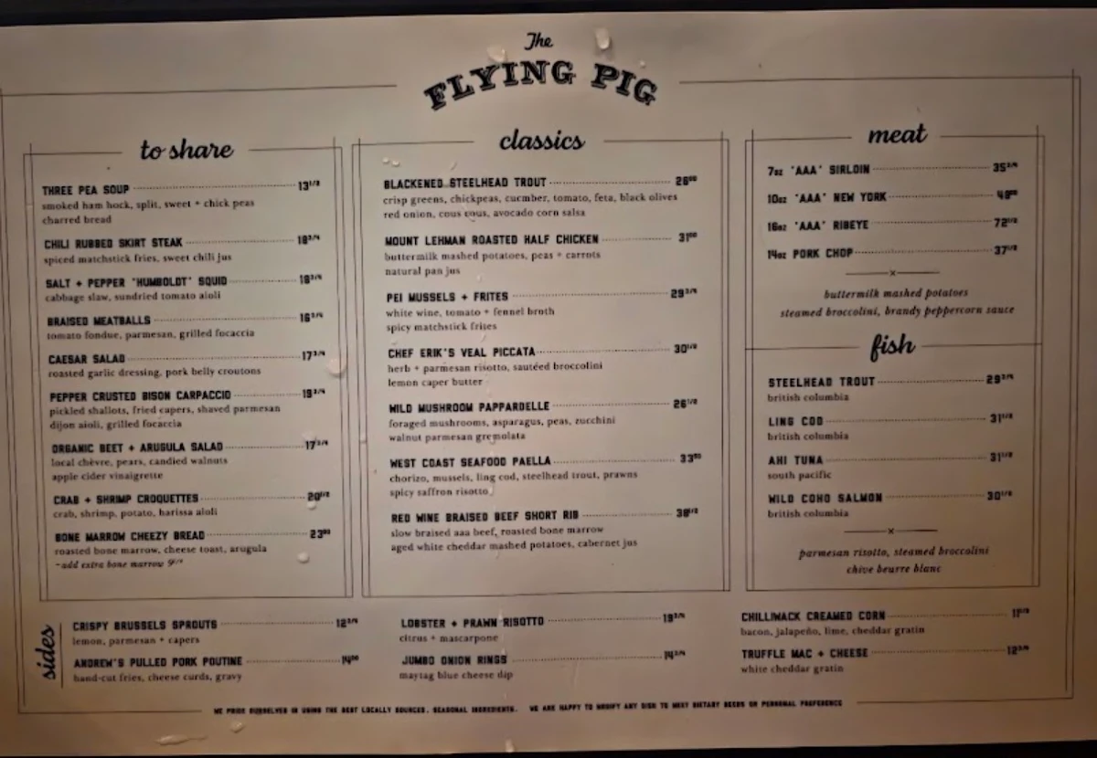 Menu, The Flying Pig Yaletown