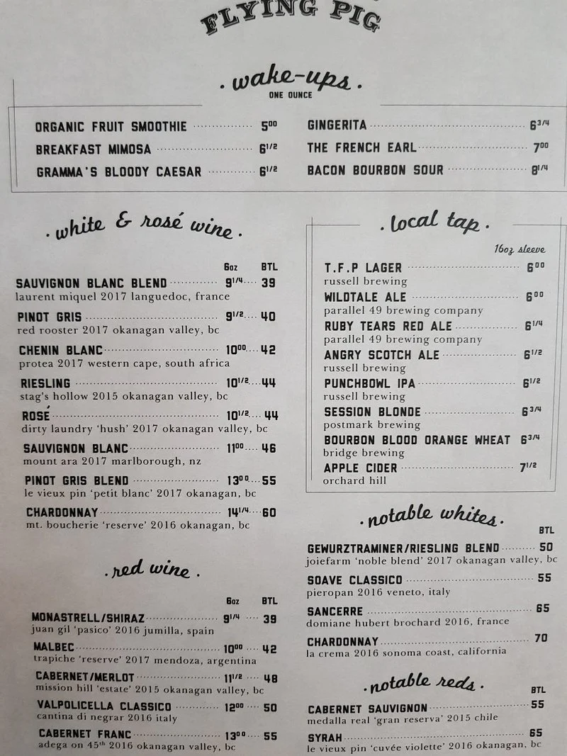 Menu, The Flying Pig Yaletown