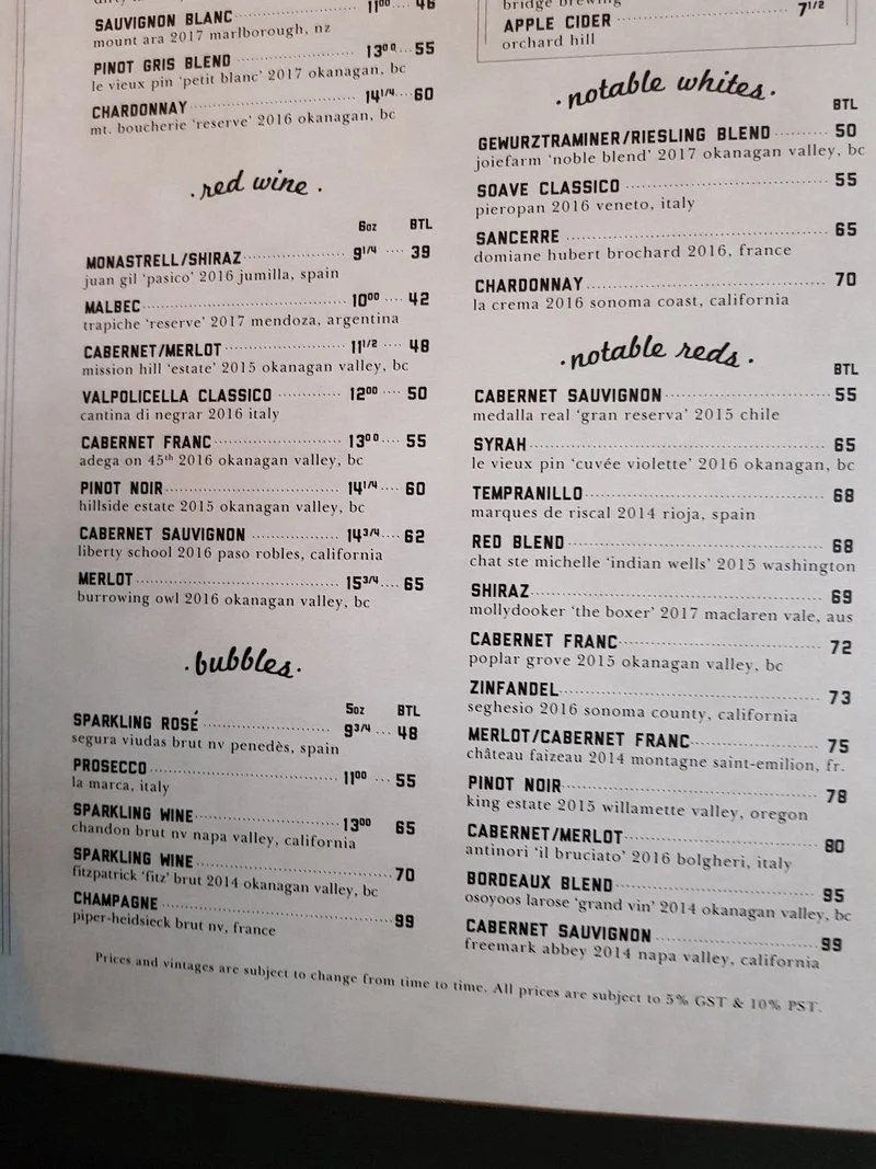 Menu, The Flying Pig Yaletown