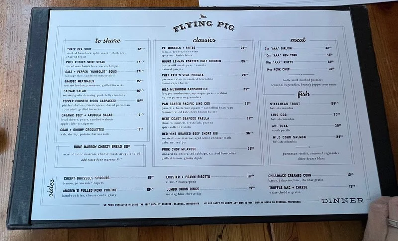 Menu, The Flying Pig Yaletown