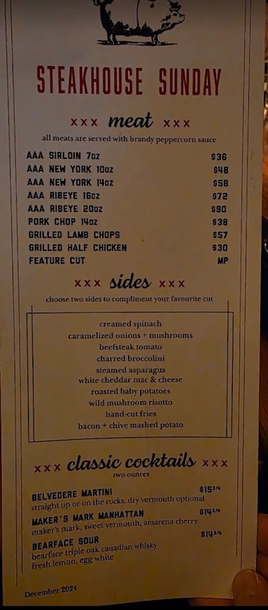 Menu, The Flying Pig Yaletown
