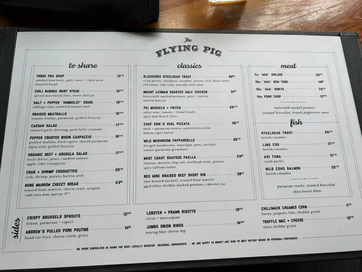 Menu, The Flying Pig Yaletown