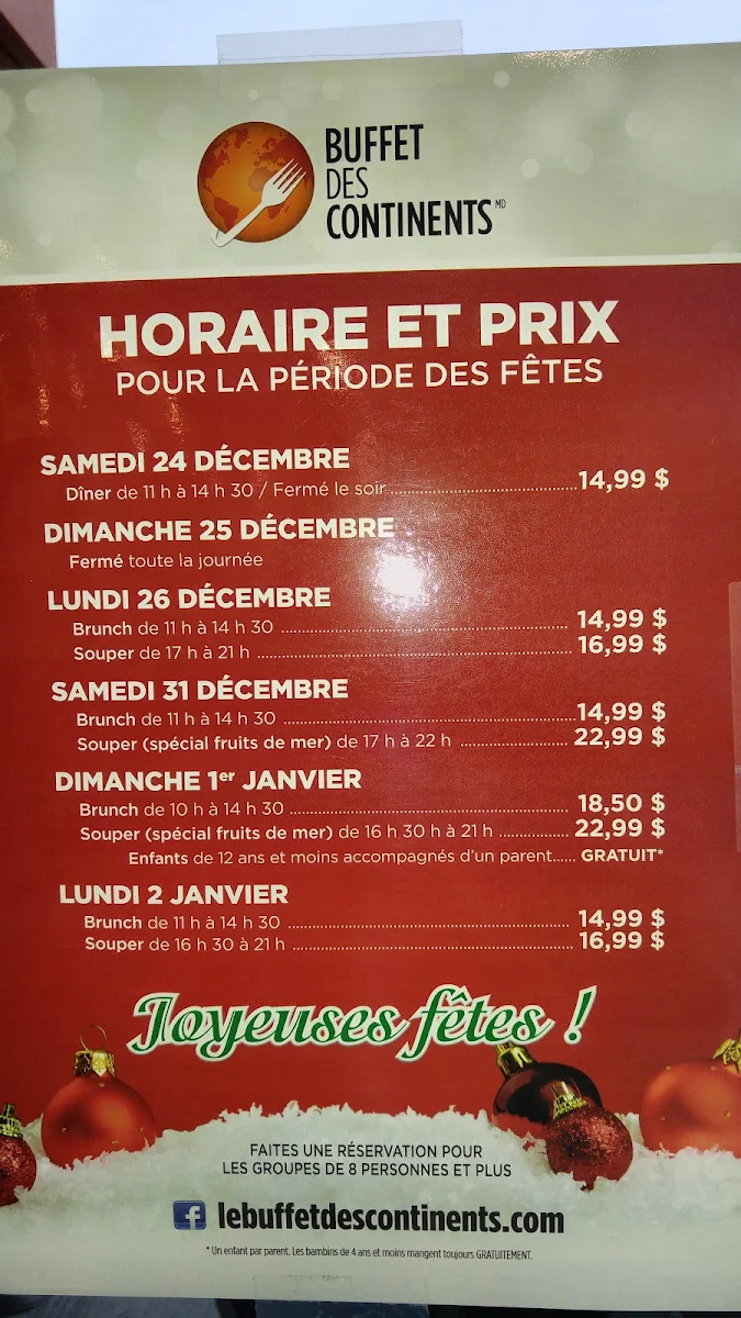 Menu, Buffet des Continents