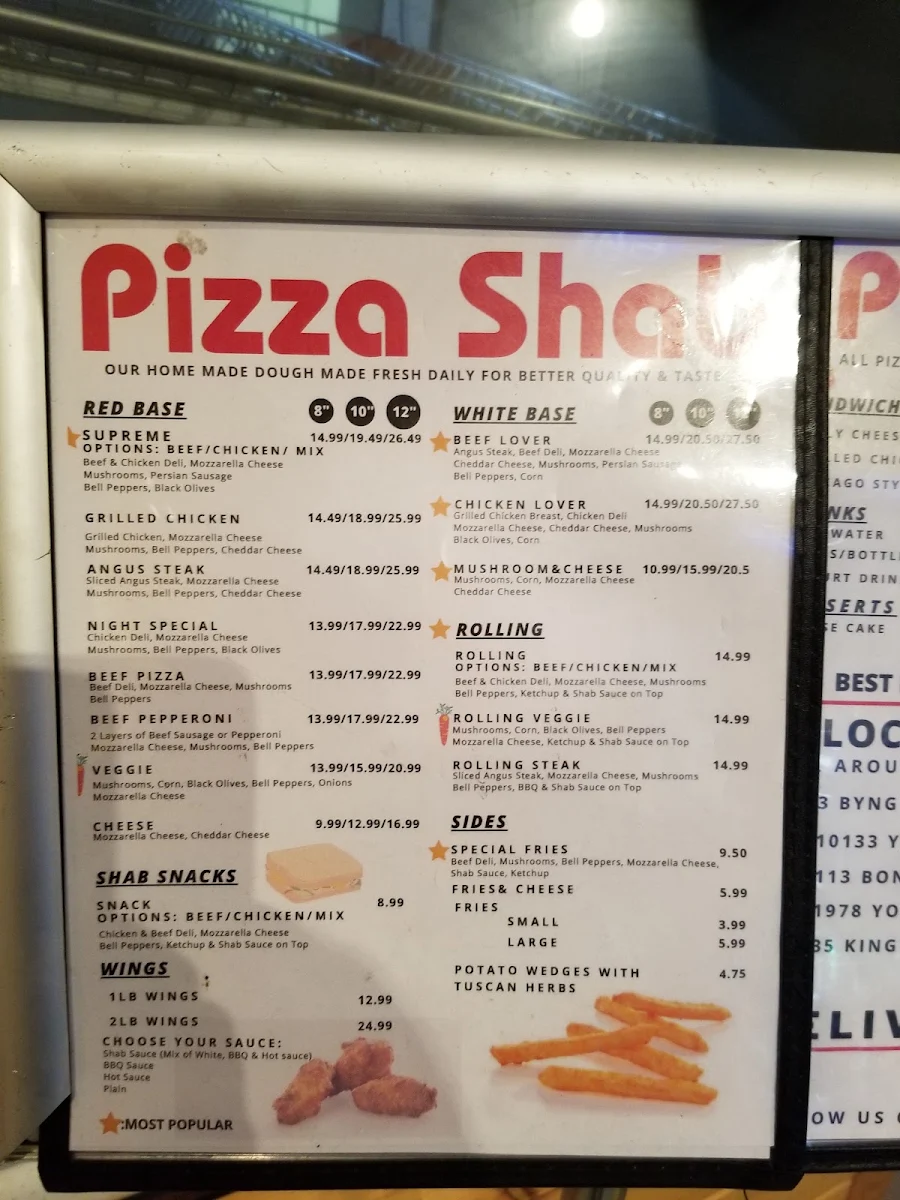 Menu, Pizza Shab