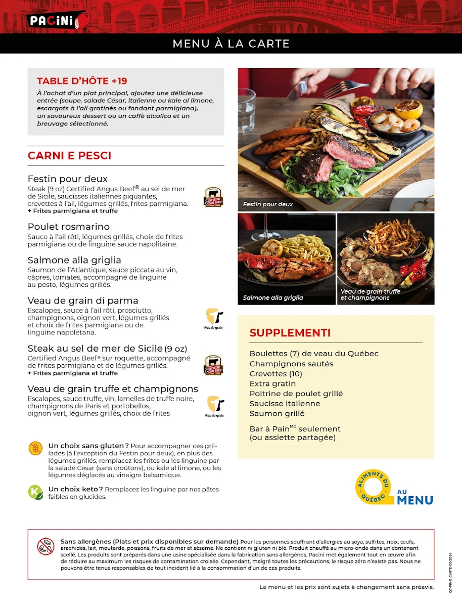 Menu, Pacini Hull