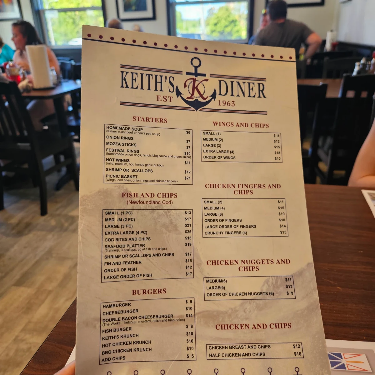 Menu, Keith's Diner