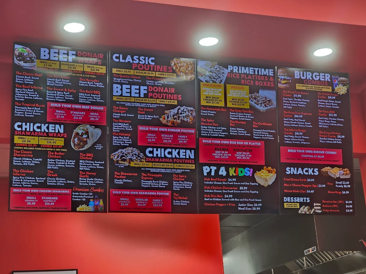 Menu, PrimeTime Donair & Poutine