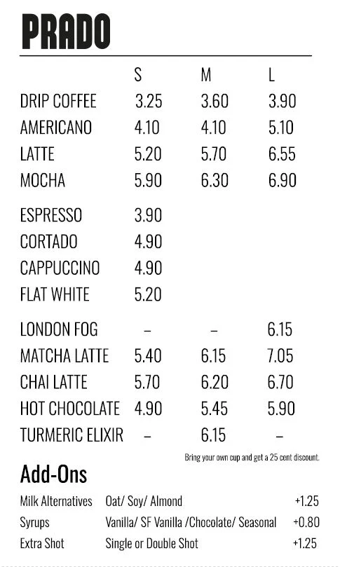 Menu, Prado Cafe