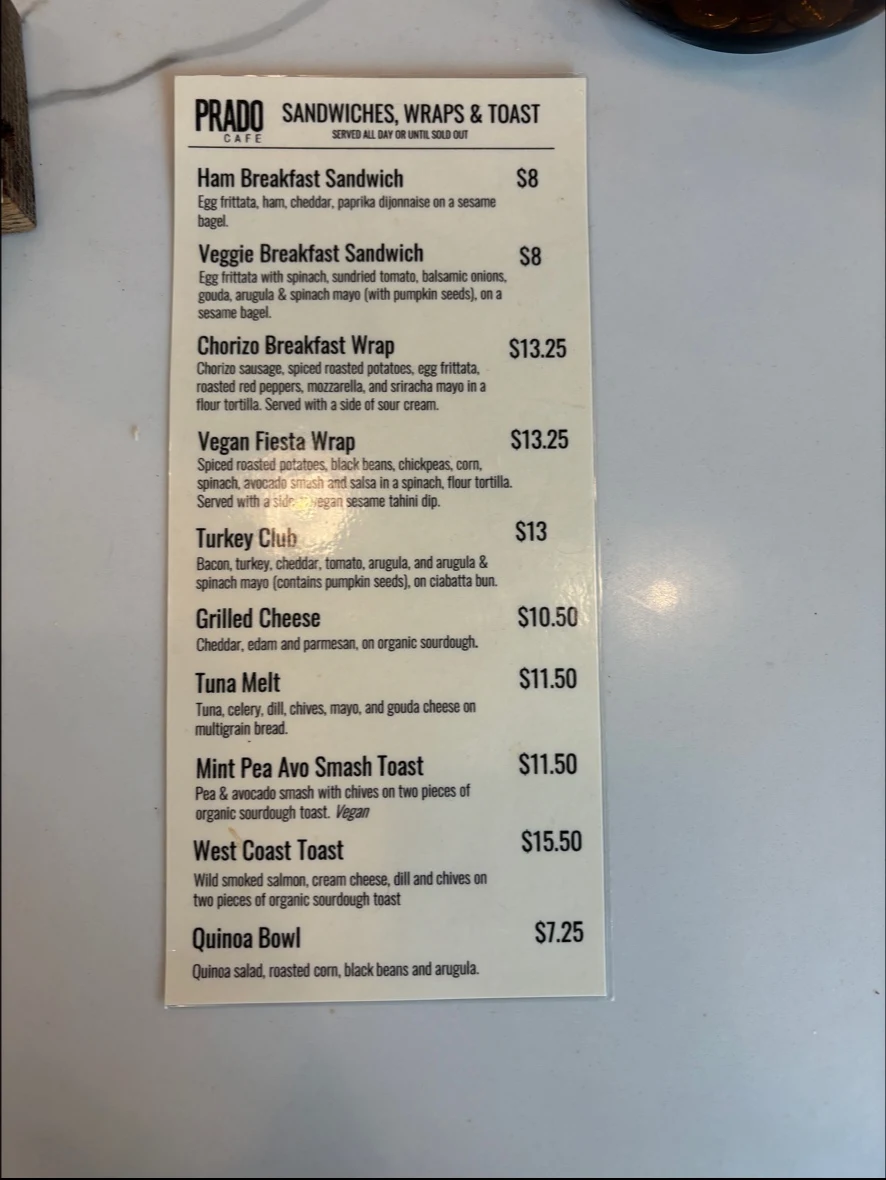 Menu, Prado Cafe