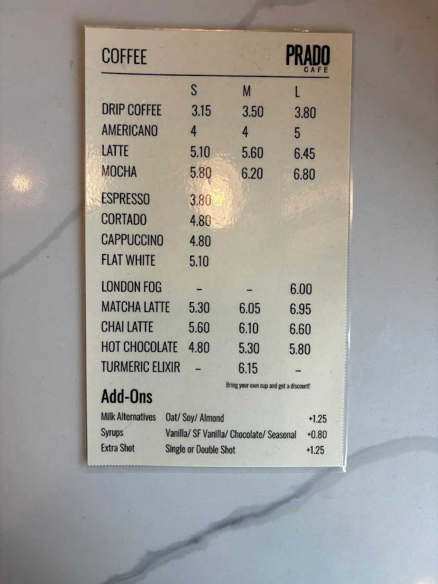Menu, Prado Cafe