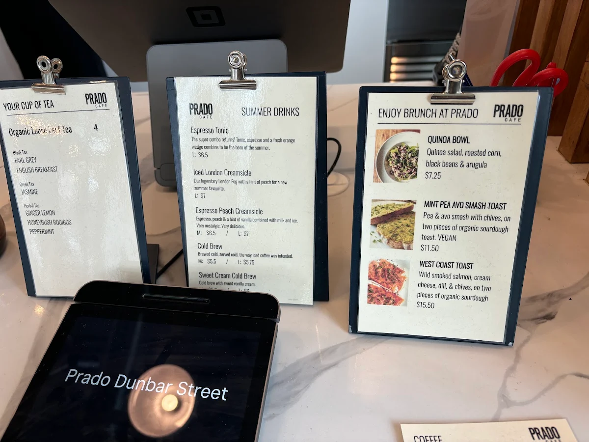Menu, Prado Cafe