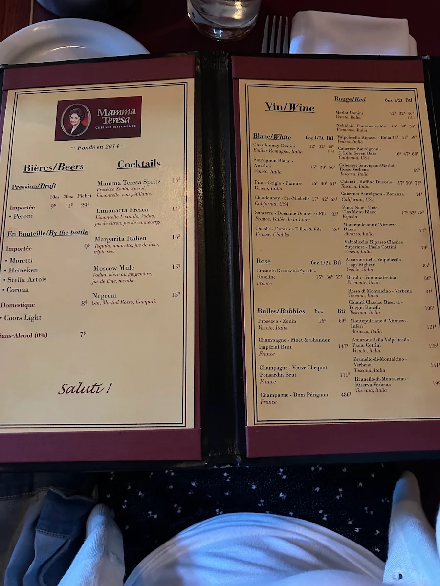 Menu, Mamma Teresa Ristorante