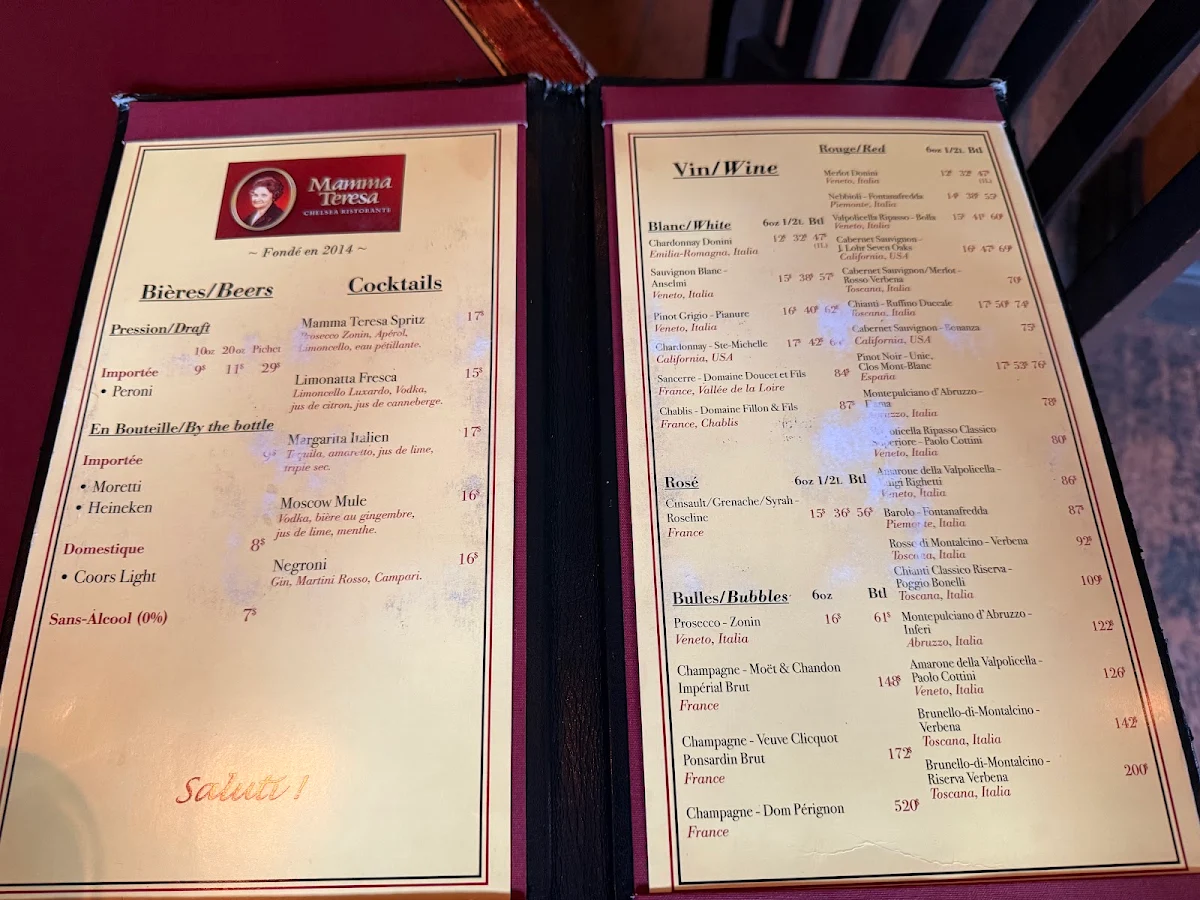 Menu, Mamma Teresa Ristorante