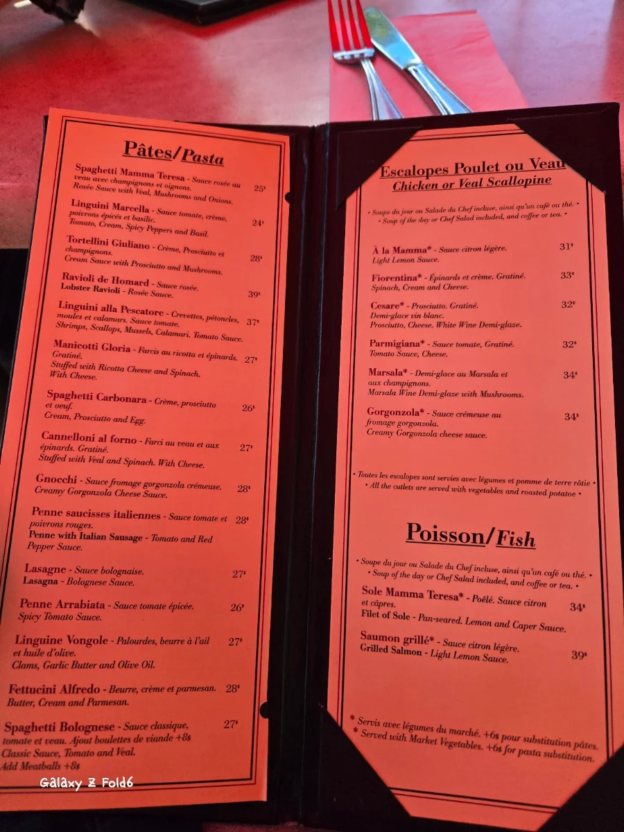 Menu, Mamma Teresa Ristorante