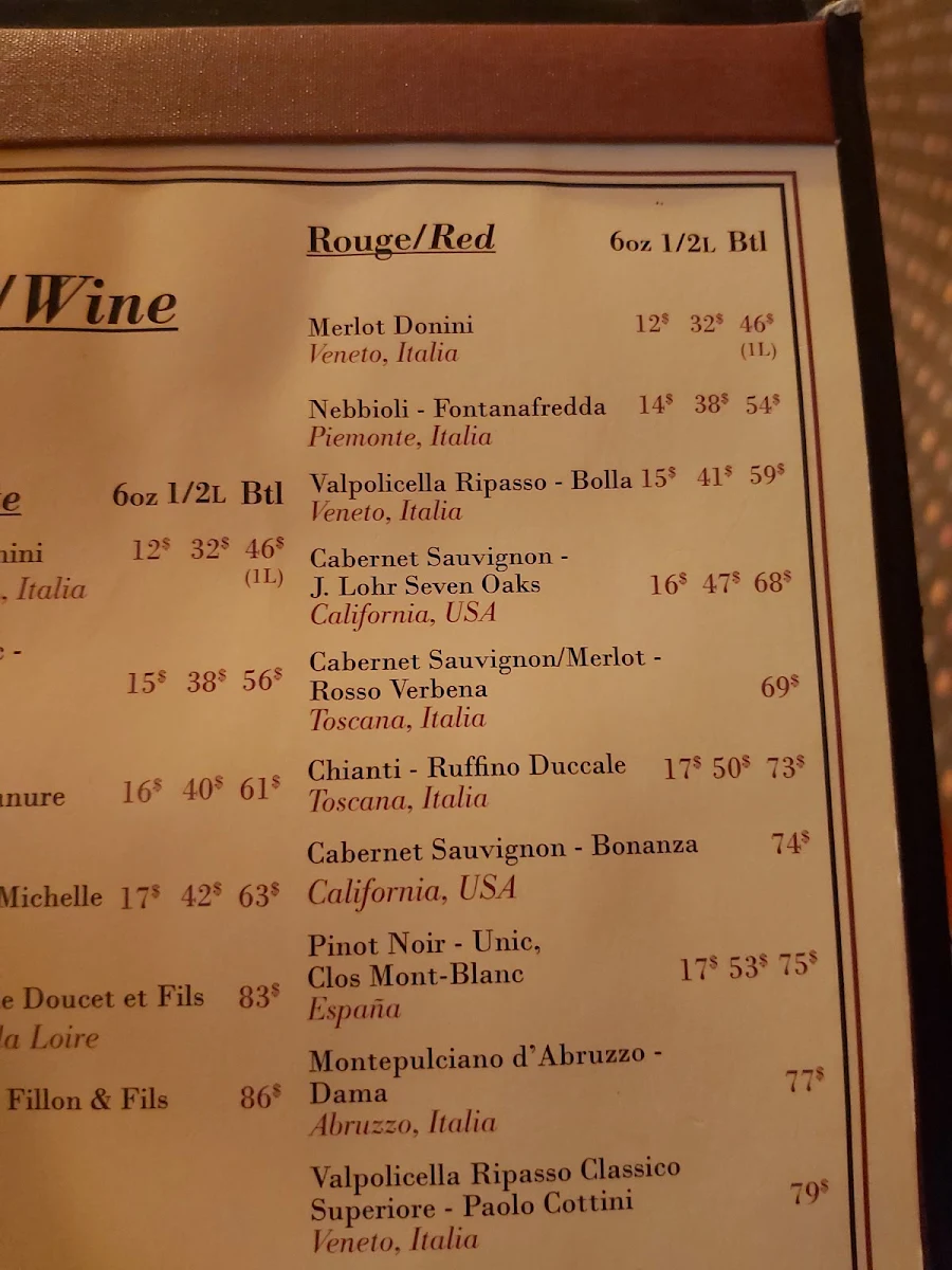 Menu, Mamma Teresa Ristorante