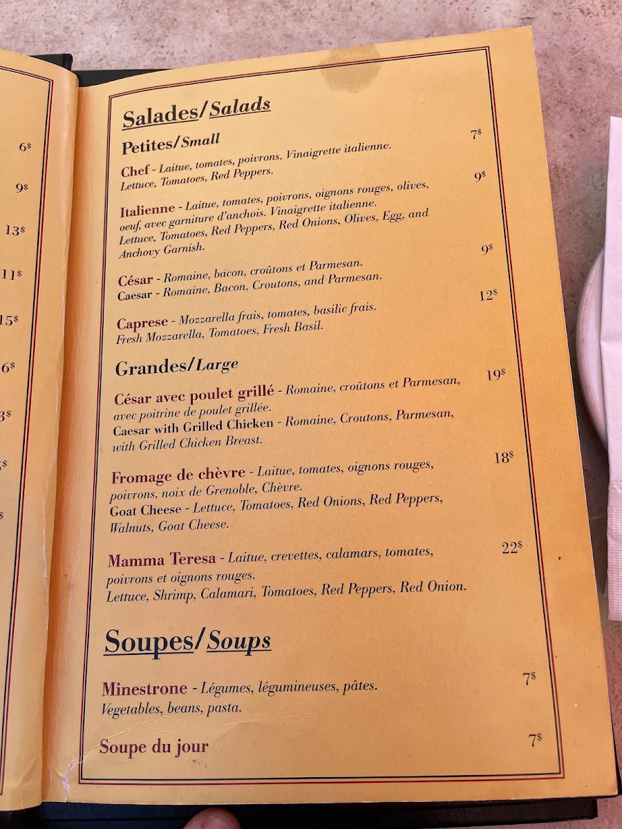 Menu, Mamma Teresa Ristorante