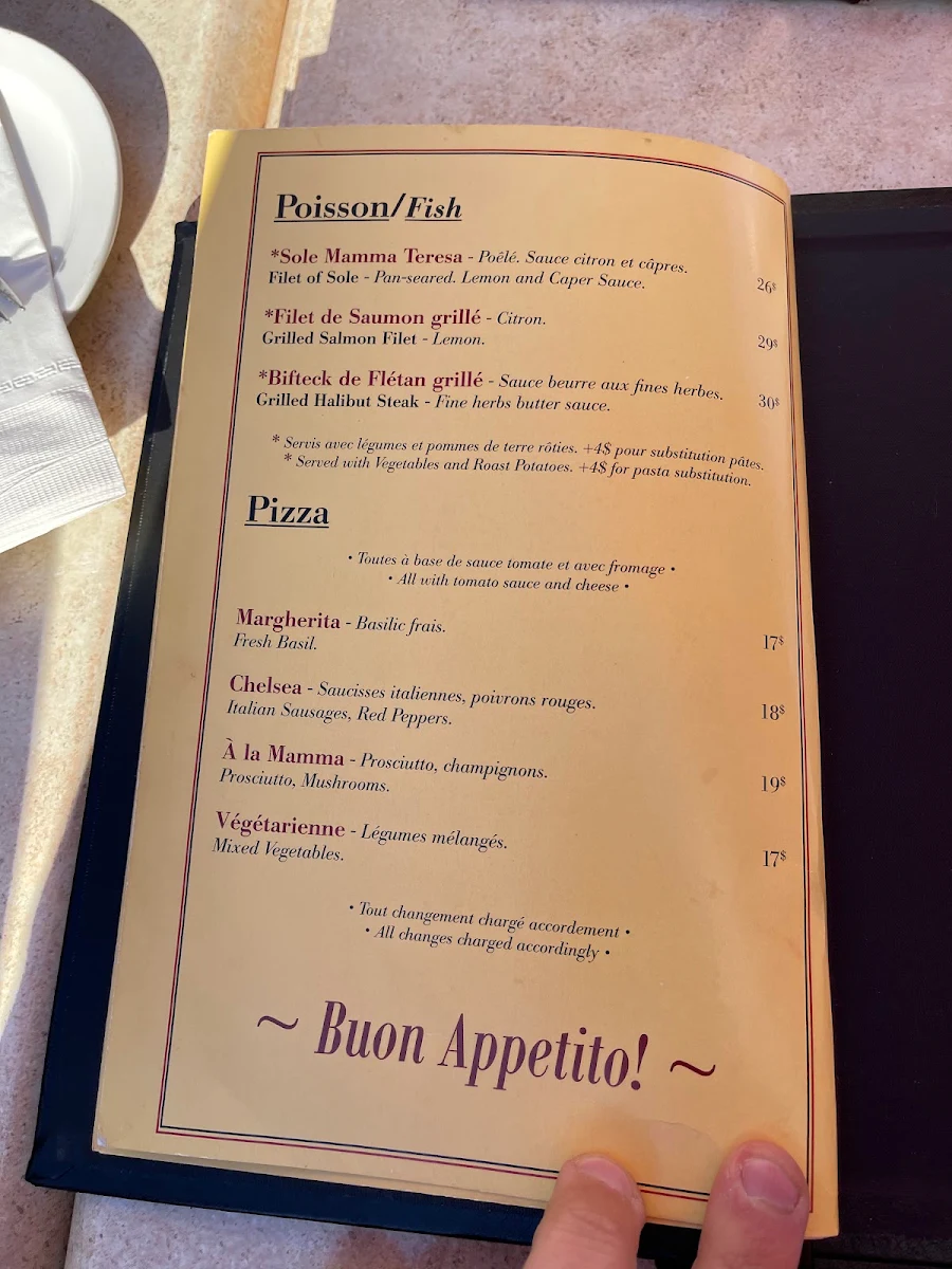 Menu, Mamma Teresa Ristorante