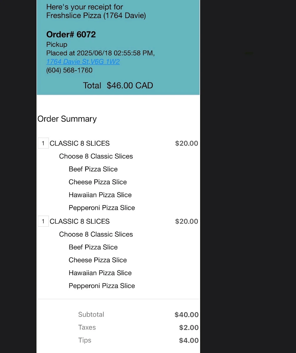 Menu, Freshslice Pizza