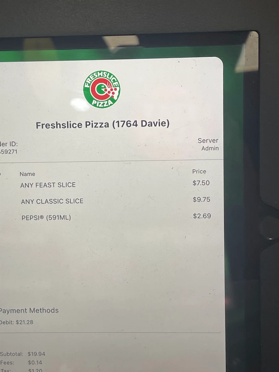 Menu, Freshslice Pizza