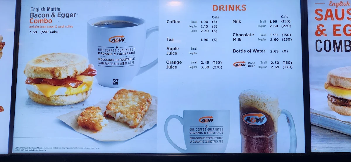 Menu, A&W Canada