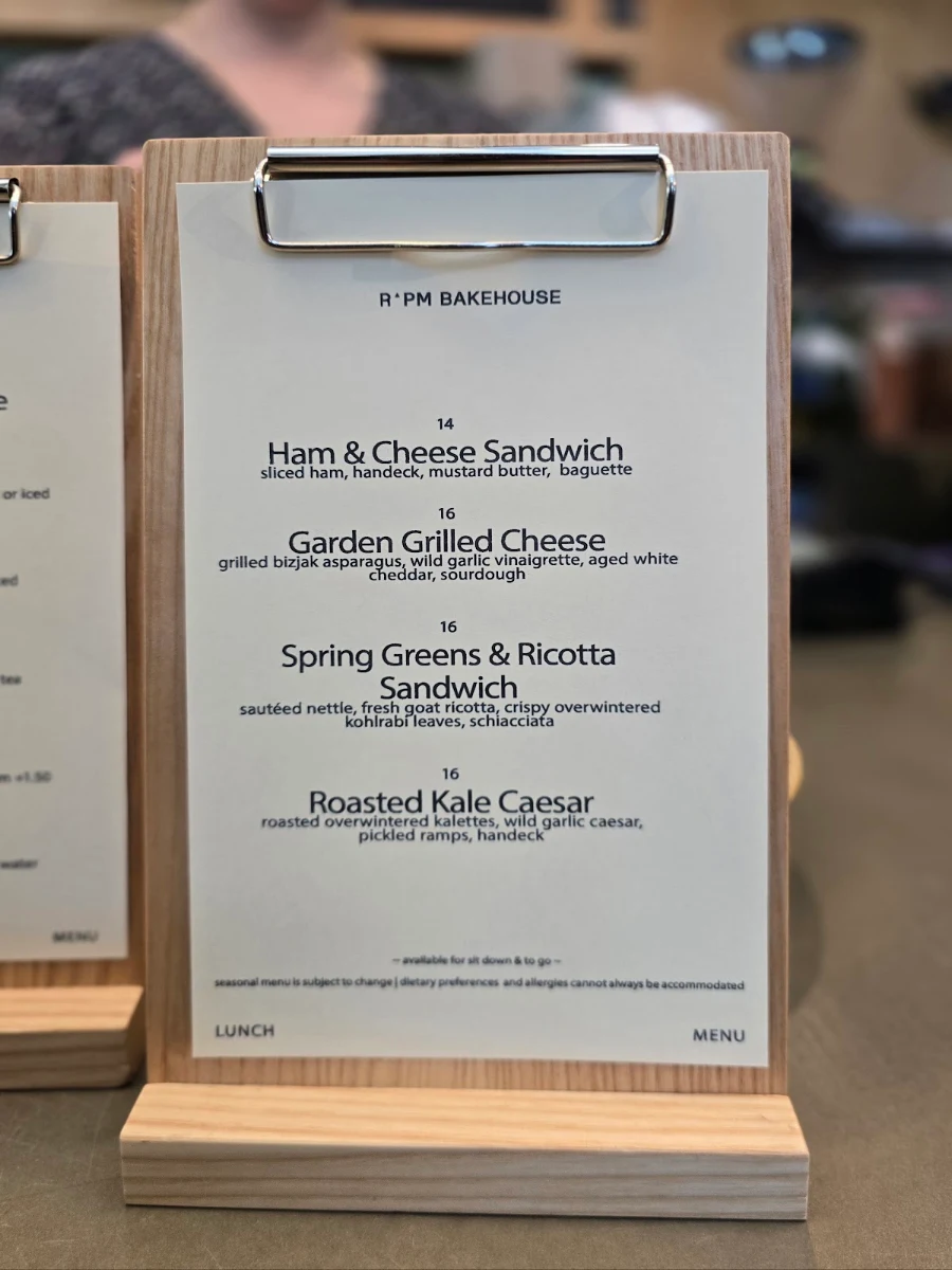 Menu, RPM Bakehouse