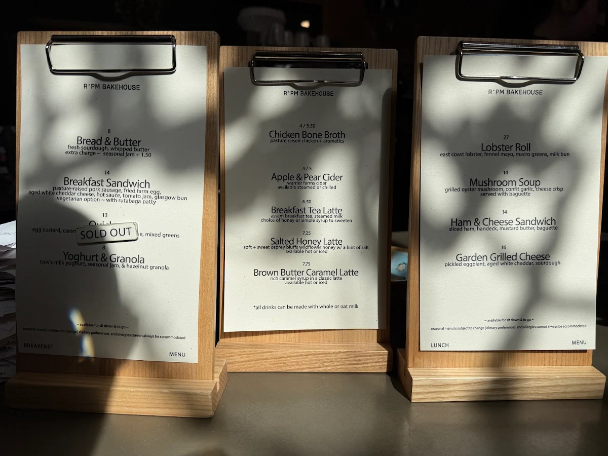 Menu, RPM Bakehouse