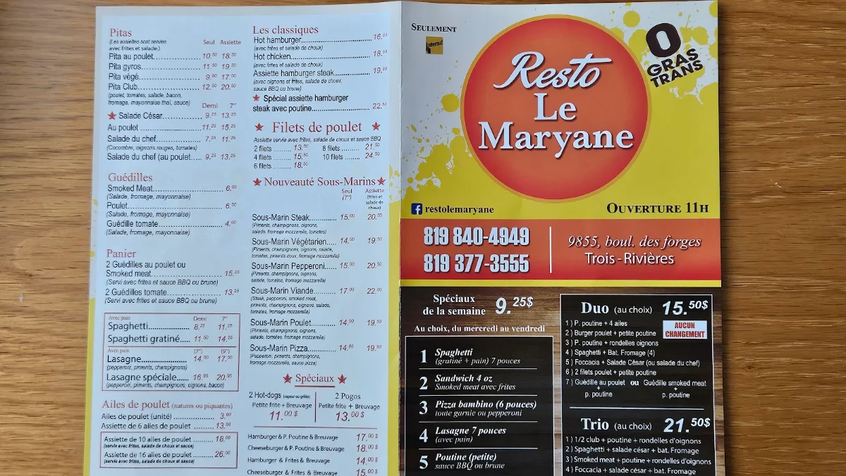 Menu, Resto le Maryane 2