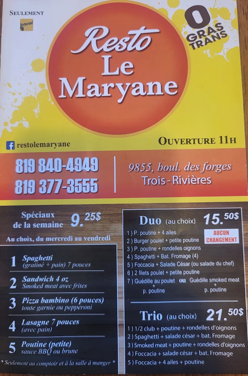 Menu, Resto le Maryane 2