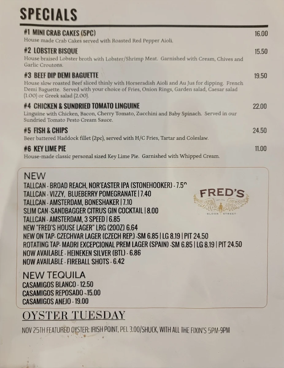 Menu, Fred's Bar and Grill