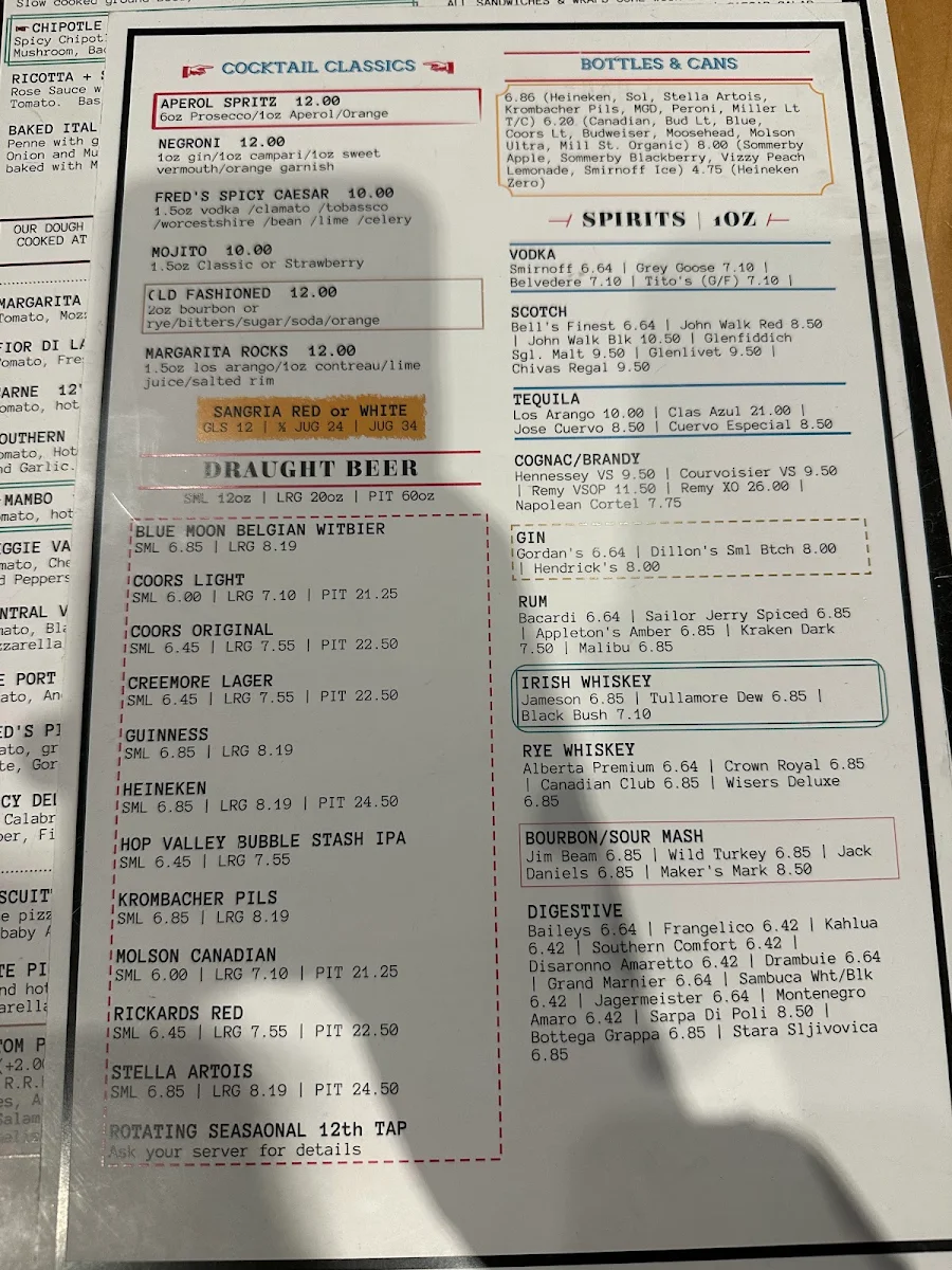 Menu, Fred's Bar and Grill