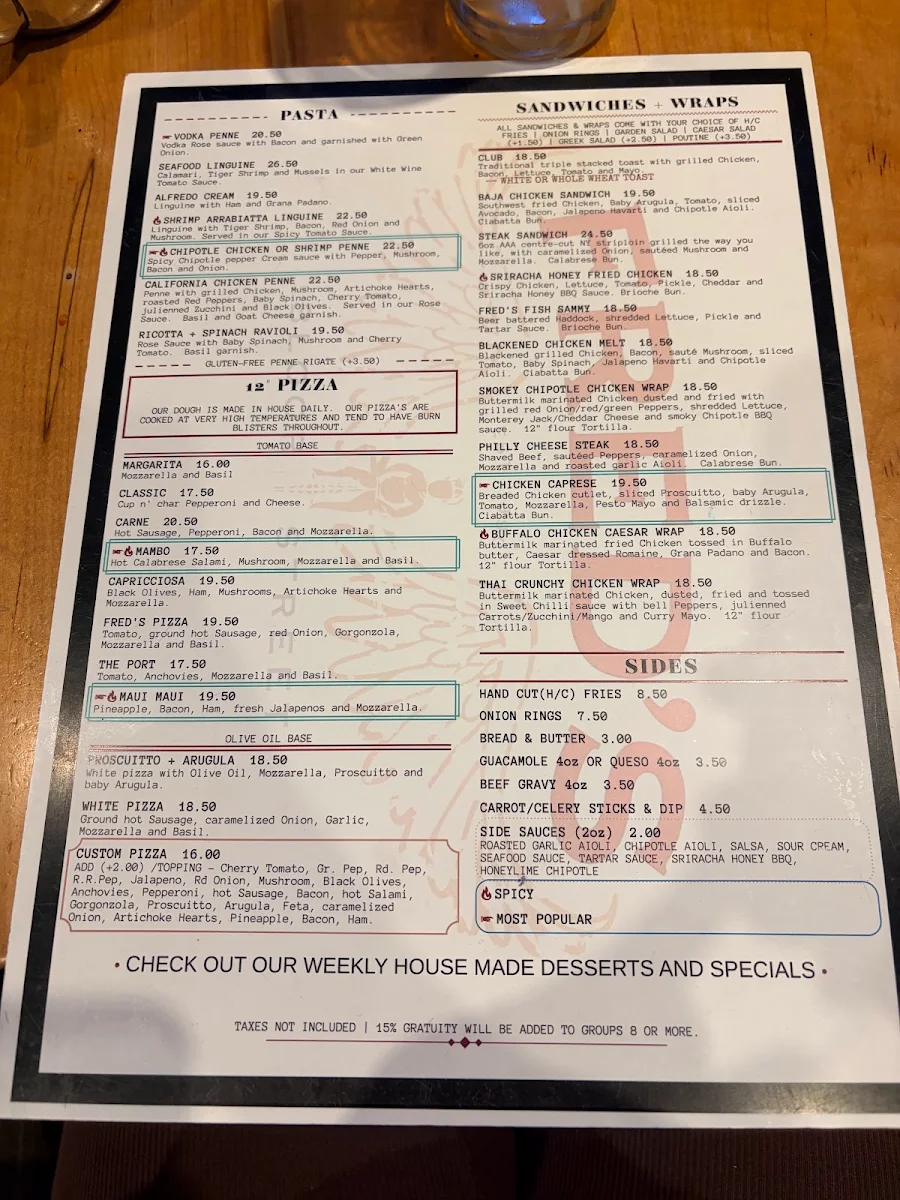 Menu, Fred's Bar and Grill