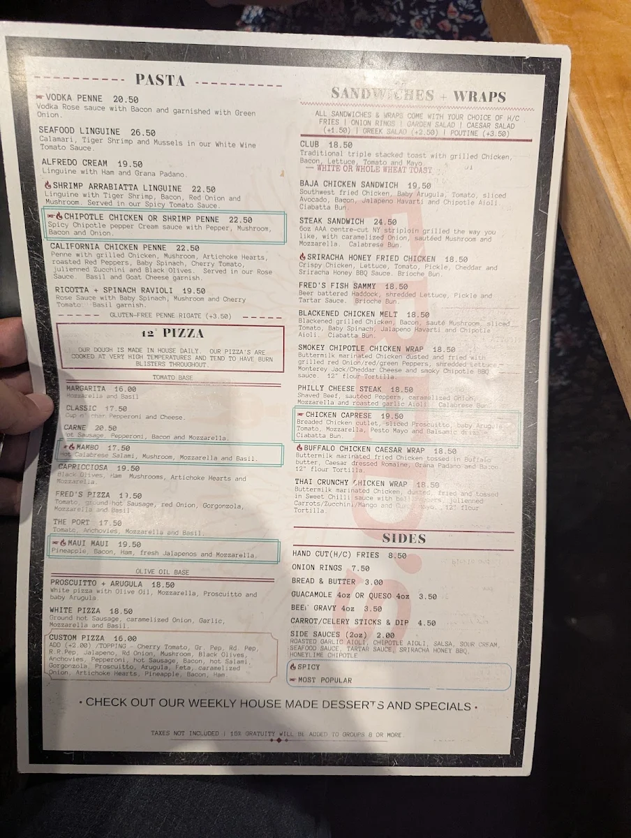 Menu, Fred's Bar and Grill