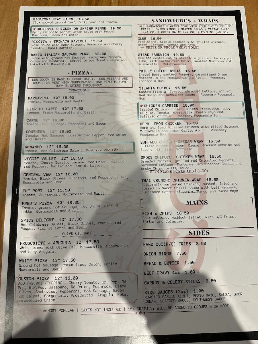 Menu, Fred's Bar and Grill