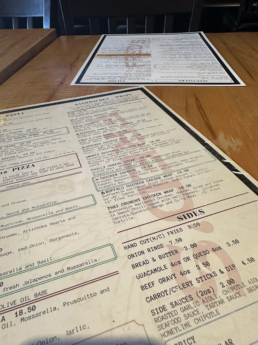 Menu, Fred's Bar and Grill