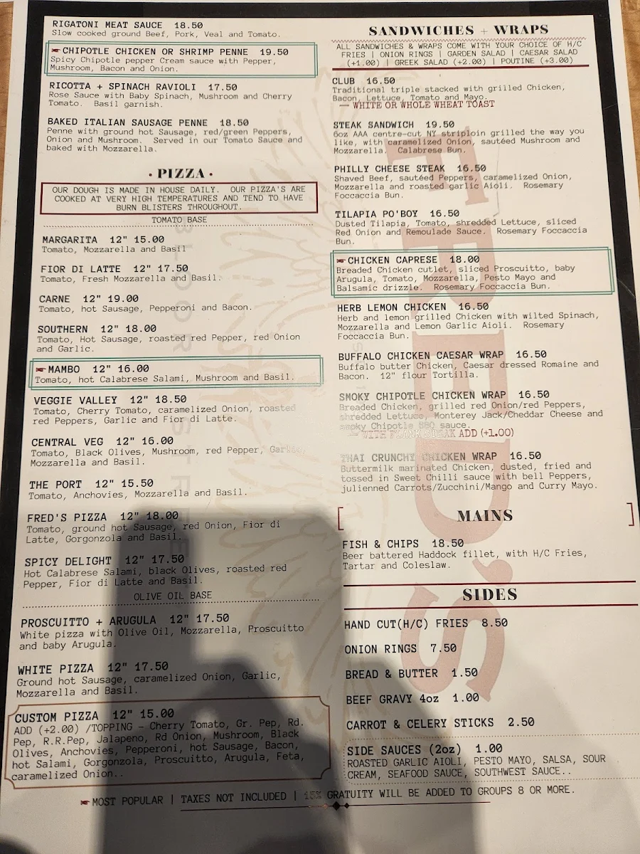 Menu, Fred's Bar and Grill