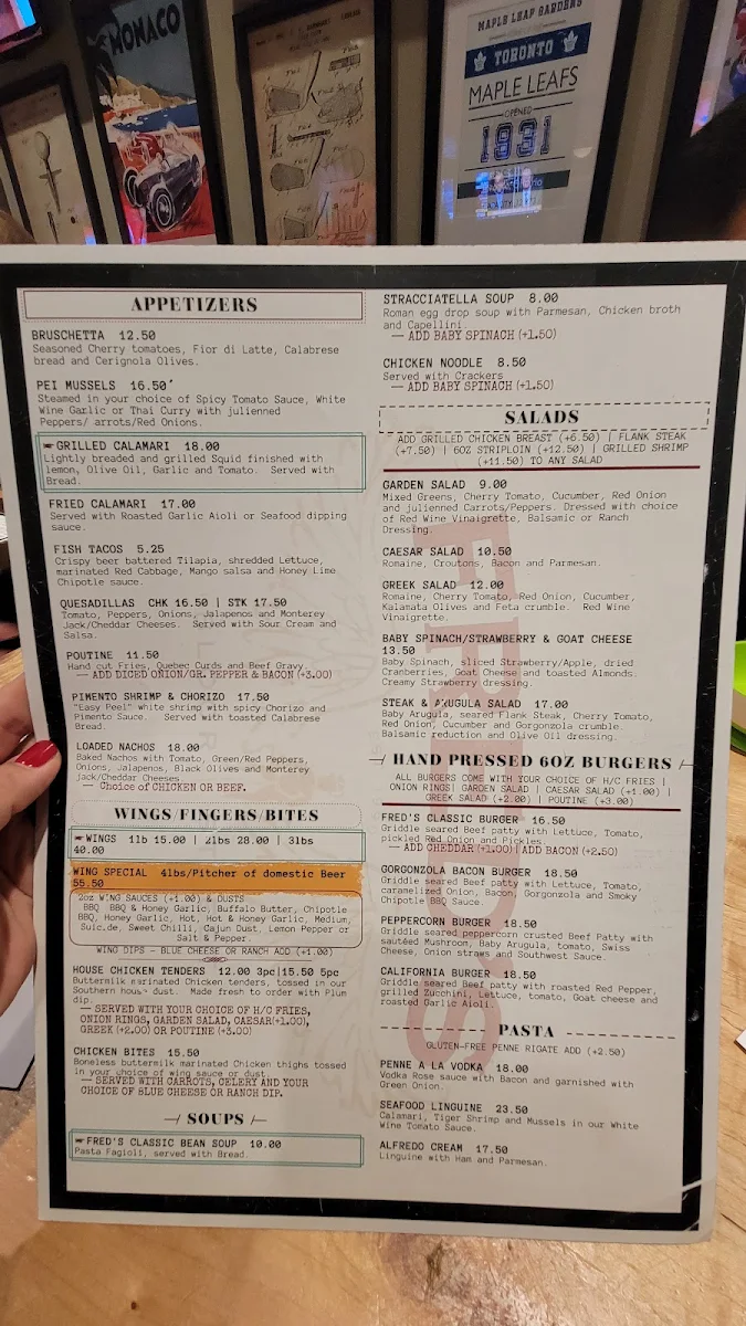 Menu, Fred's Bar and Grill