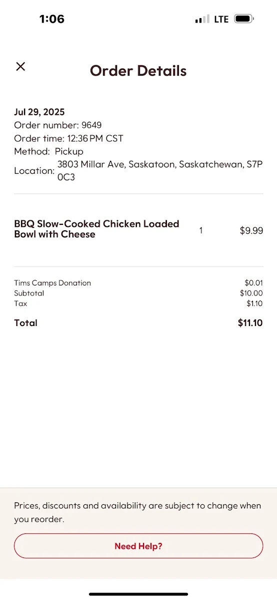 Menu, Tim Hortons