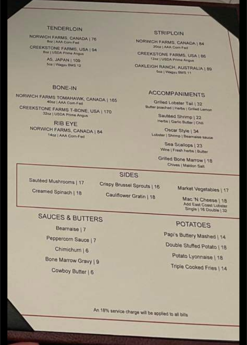 Menu, Papi's