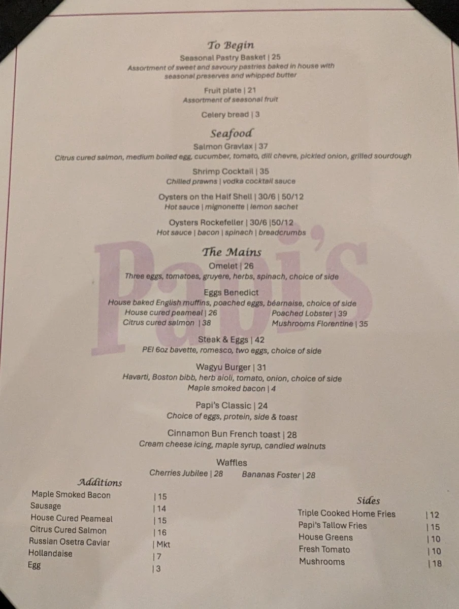 Menu, Papi's