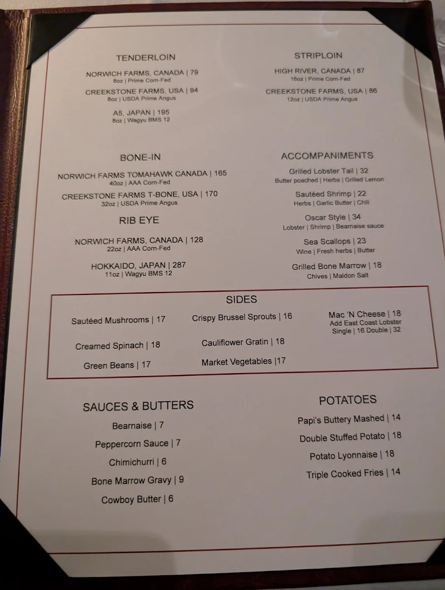 Menu, Papi's