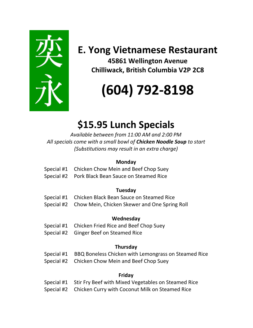 Menu, E Yong Oriental Restaurant