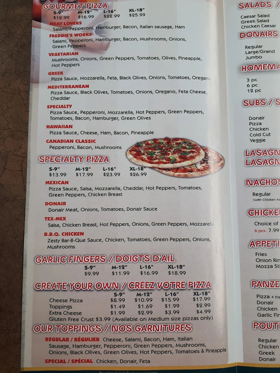 Menu, Freddie's Pizza & Donair