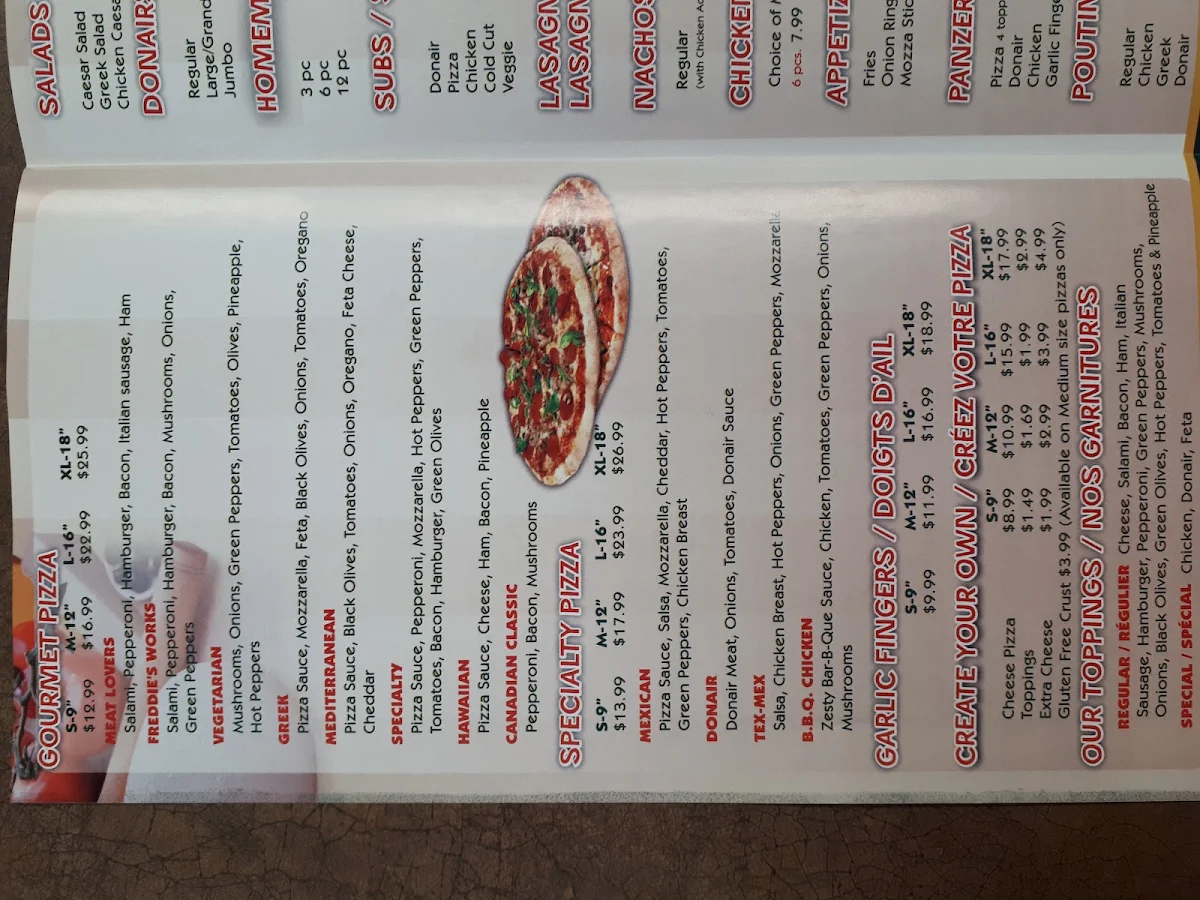 Menu, Freddie's Pizza & Donair