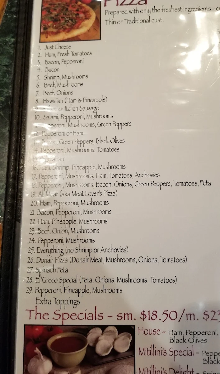 Menu, Mitillini's Pizza and Steak House