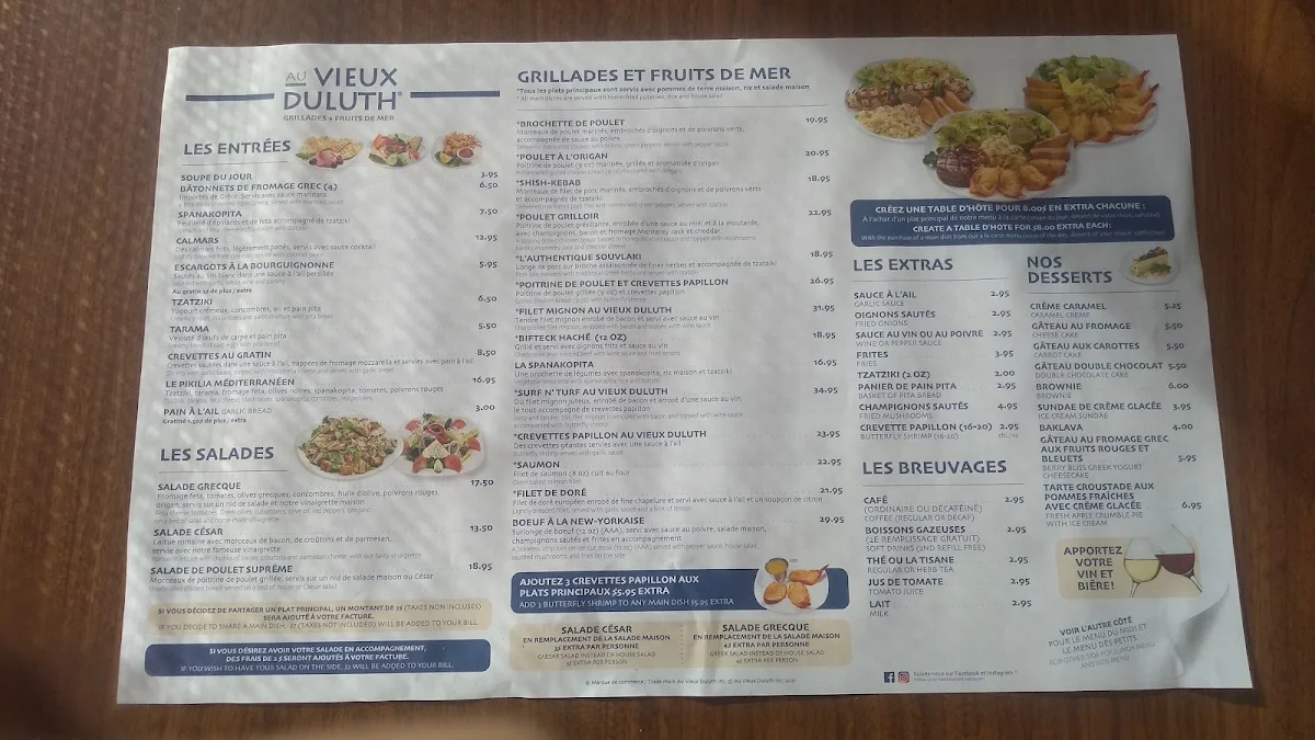 Menu, Restaurant Au Vieux Duluth